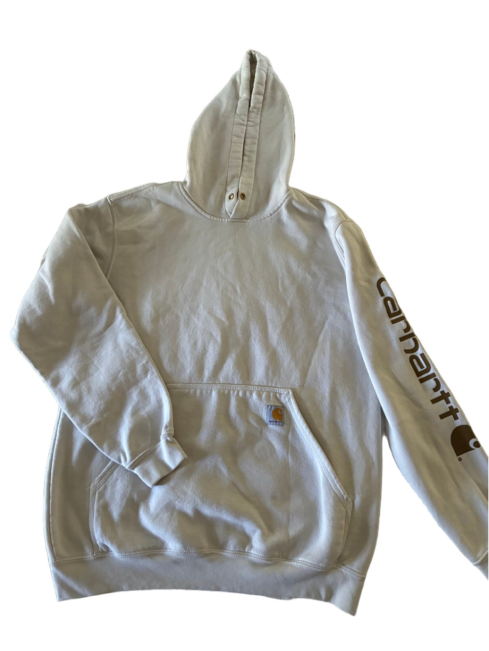 Men's Carhartt Logo Sleeve Hoodie Sweatshirt Beige Tan Size M